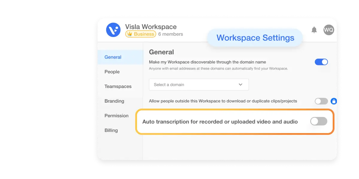 You can turn on auto transcription in the Workspace Settings for automatic video transcription of all your videos. Video transcription will be triggered by actions such as importing or uploading a video to a voice-based project, quick editing of a clip, and marking a clip as Private Stock.